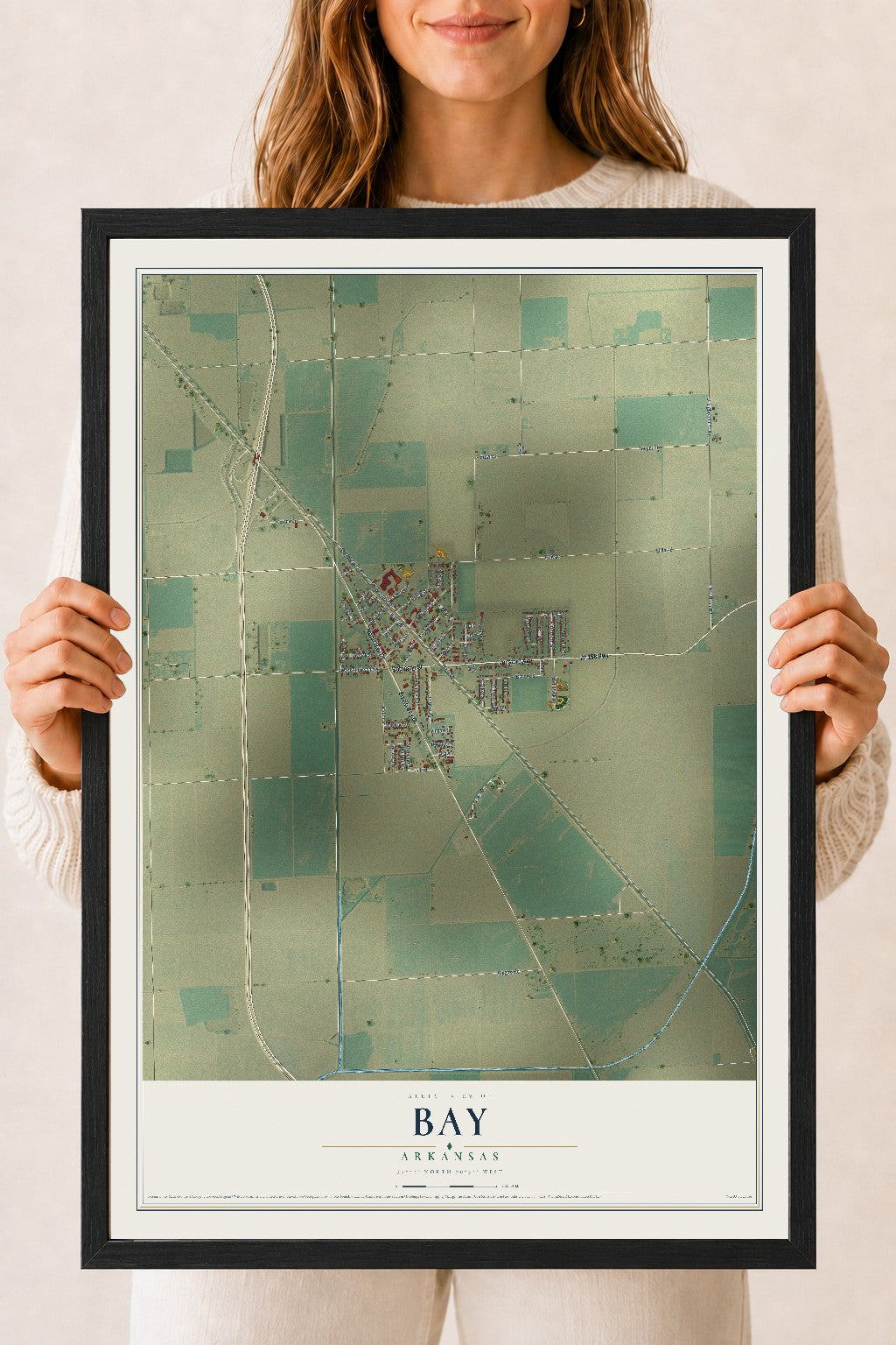 Map of Bay, Arkansas, 18 x 24 inch print in a black wood frame