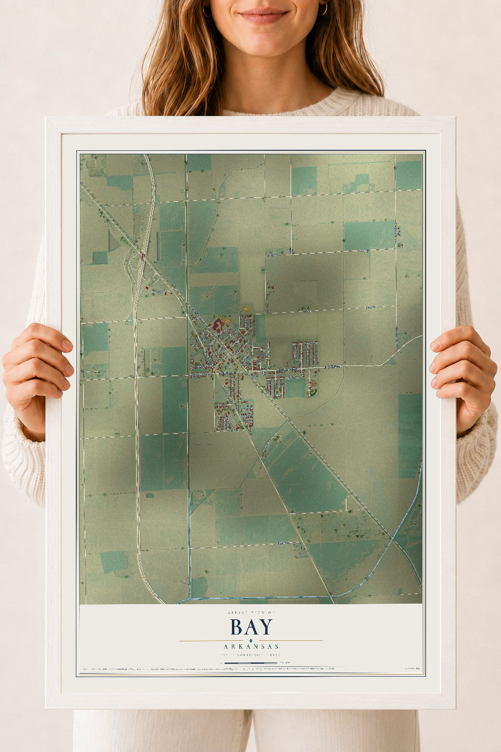 Map of Bay, Arkansas, 18 x 24 inch print in a white wood frame