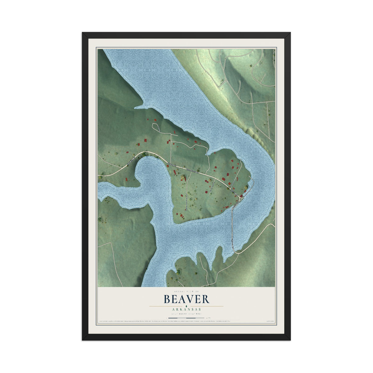 Map of Beaver, Arkansas, 12 x 18 inch print in a black wood frame