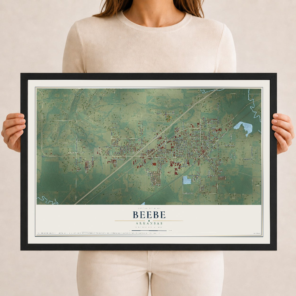 Map of Beebe, Arkansas, 12 x 18 inch print in a black wood frame