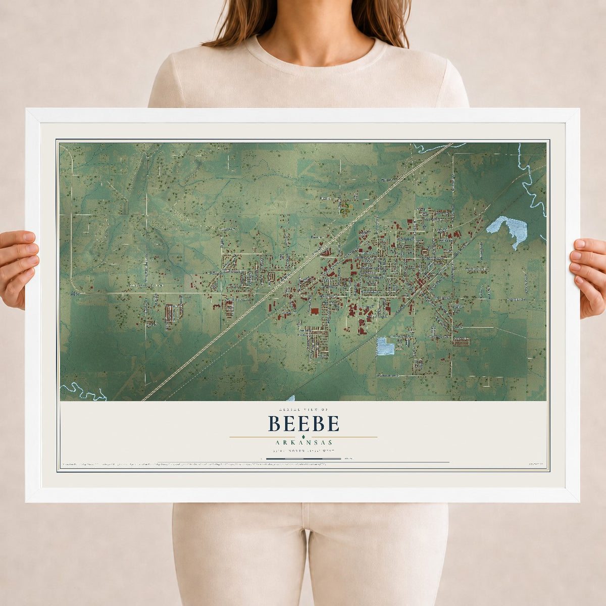 Map of Beebe, Arkansas, 18 x 24 inch print in a white wood frame