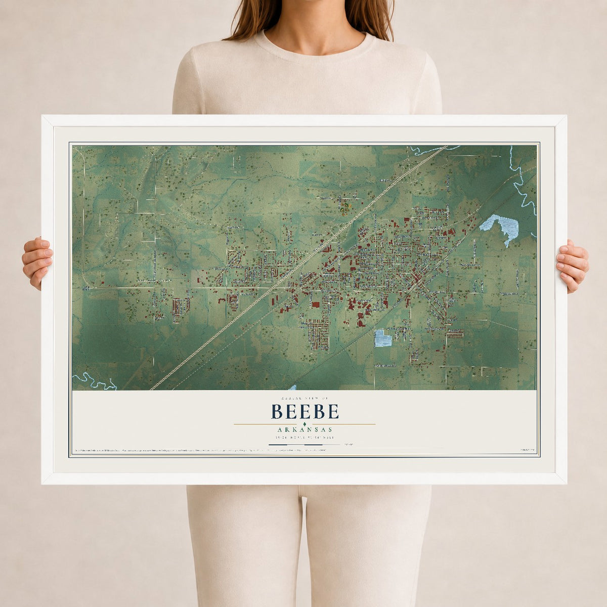 Map of Beebe, Arkansas, 24 x 36 inch print in a white wood frame