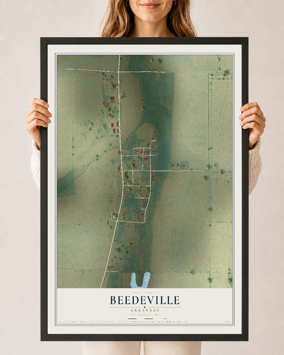 Map of Beedeville, Arkansas, 24 x 36 inch print in a black wood frame