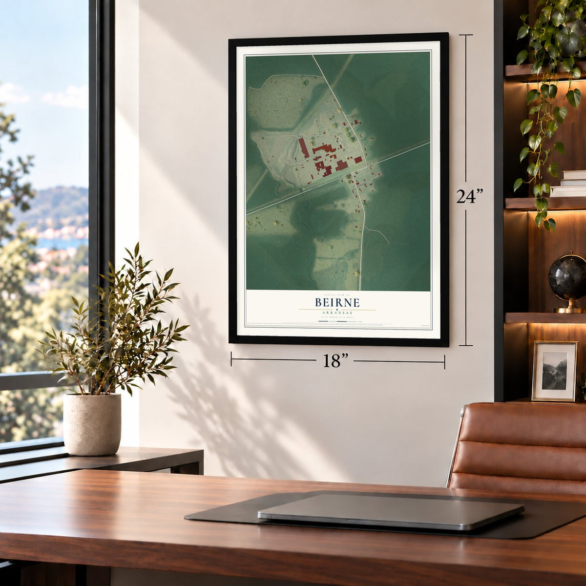 Beirne, Arkansas map, 18 x 24 inch print in a black frame in a home office