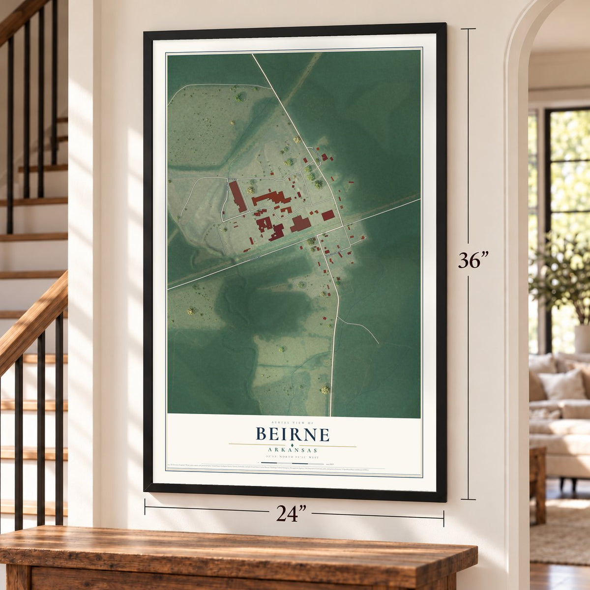 Beirne, Arkansas map, 24 x 36 inch print in a black frame by a staircase