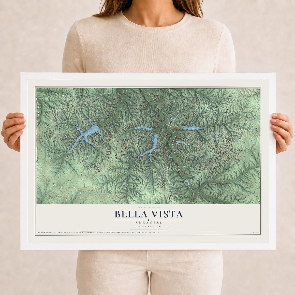 Map of Bella Vista, Arkansas, 12 x 18 inch print in a white wood frame