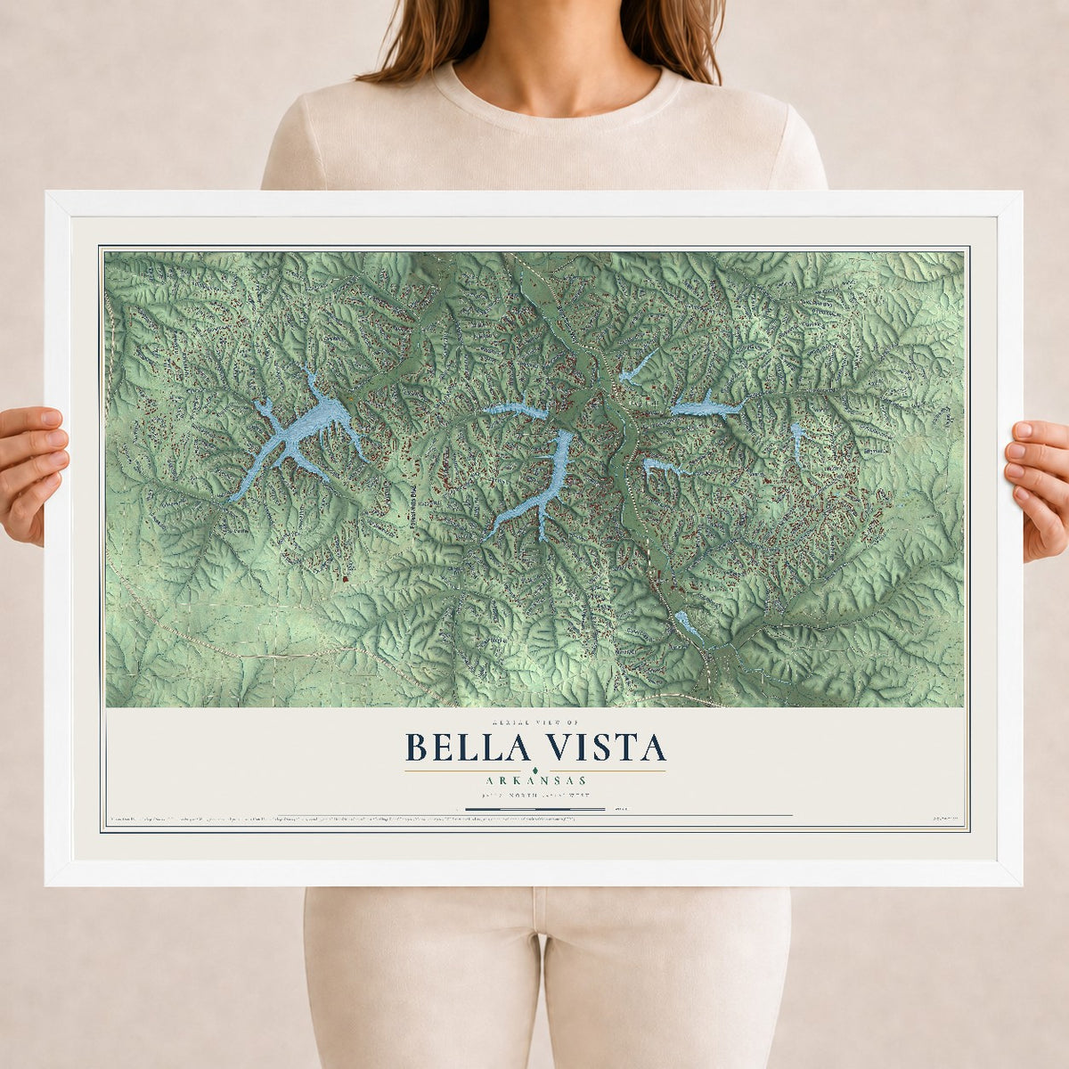 Map of Bella Vista, Arkansas, 18 x 24 inch print in a white wood frame
