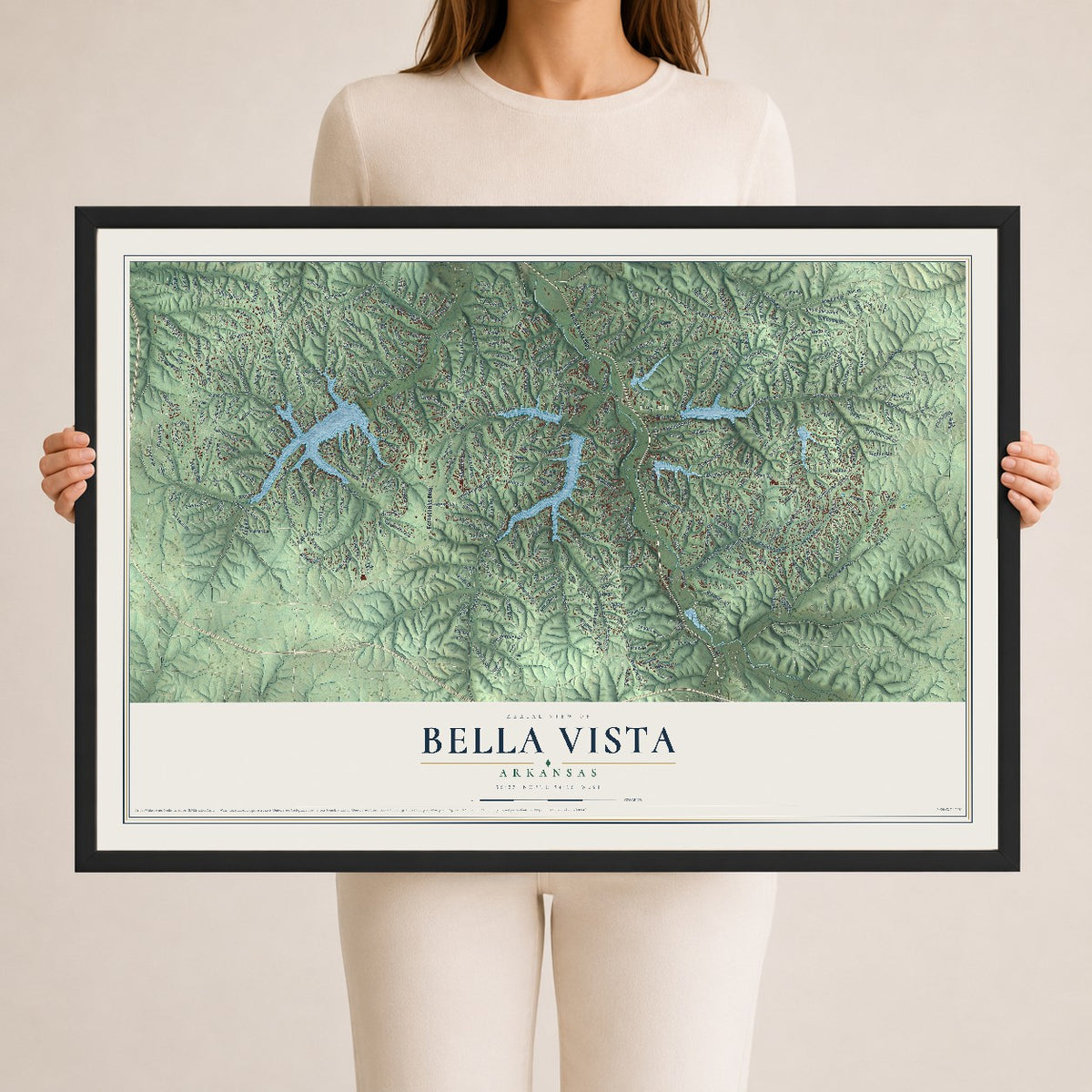 Map of Bella Vista, Arkansas, 24 x 36 inch print in a black wood frame