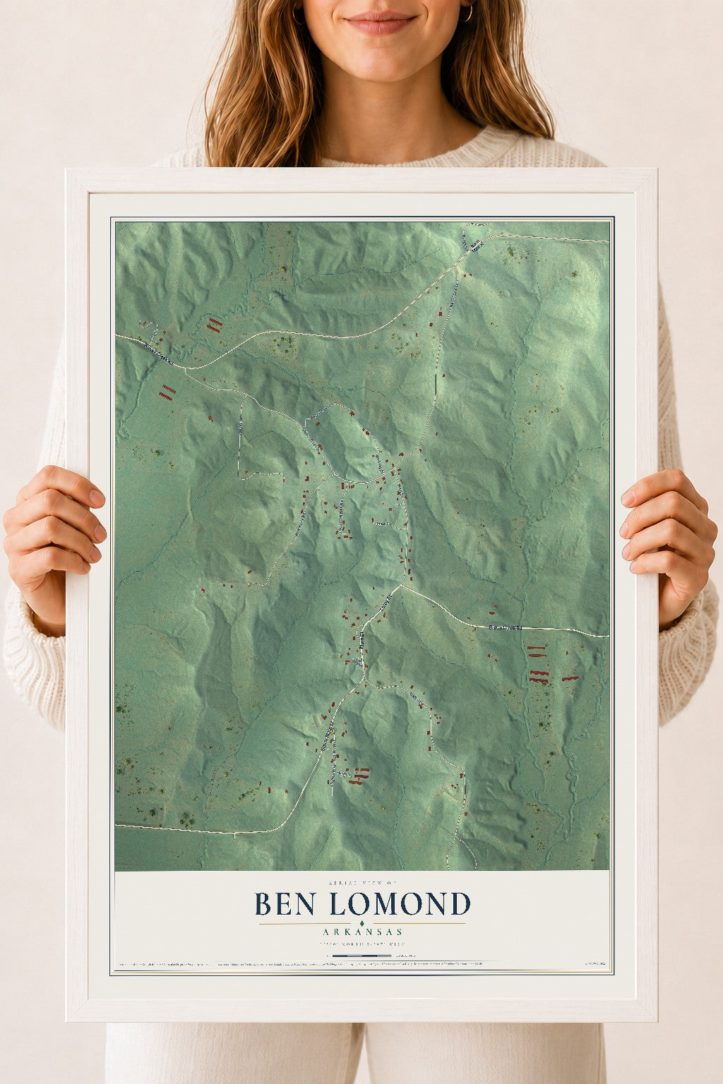 Map of Ben Lomond, Arkansas, 18 x 24 inch print in a white wood frame