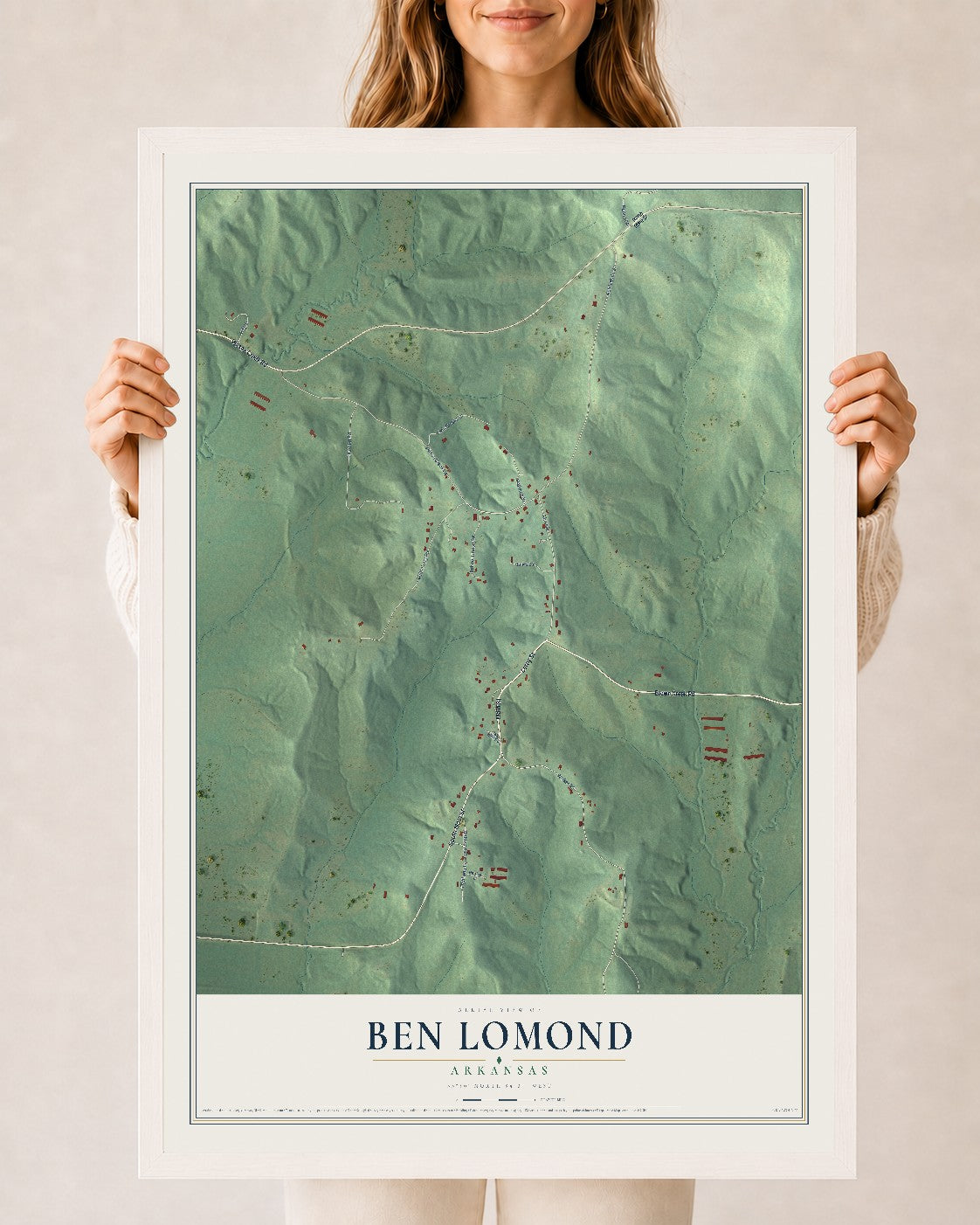 Map of Ben Lomond, Arkansas, 24 x 36 inch print in a white wood frame