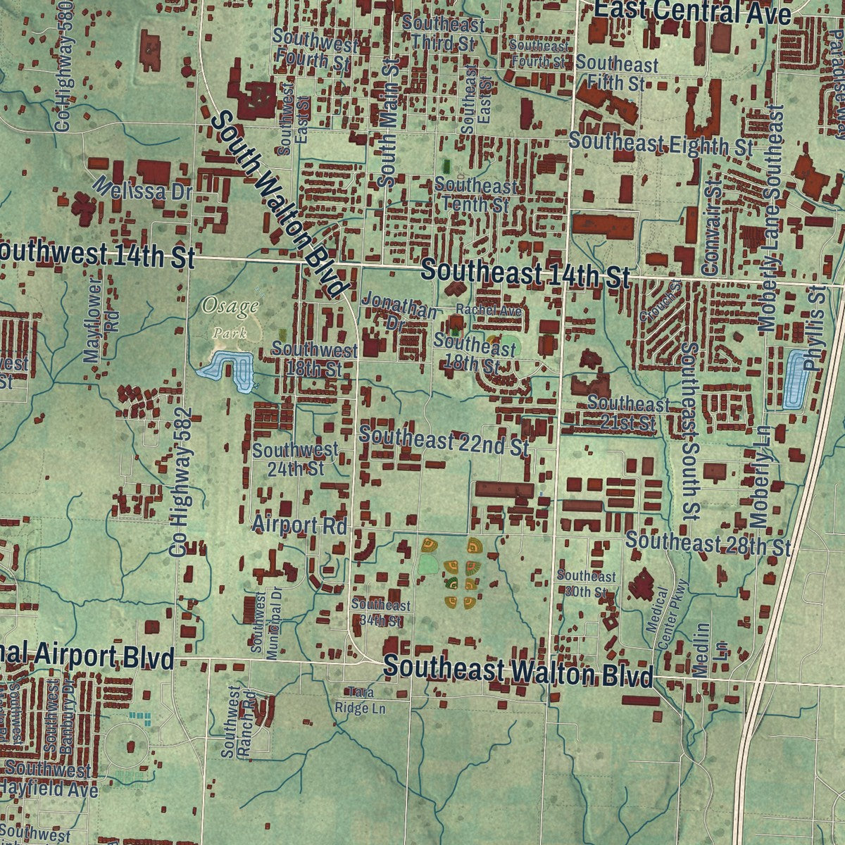 Close-up of the map of Bentonville, Arkansas print showing street and building detail