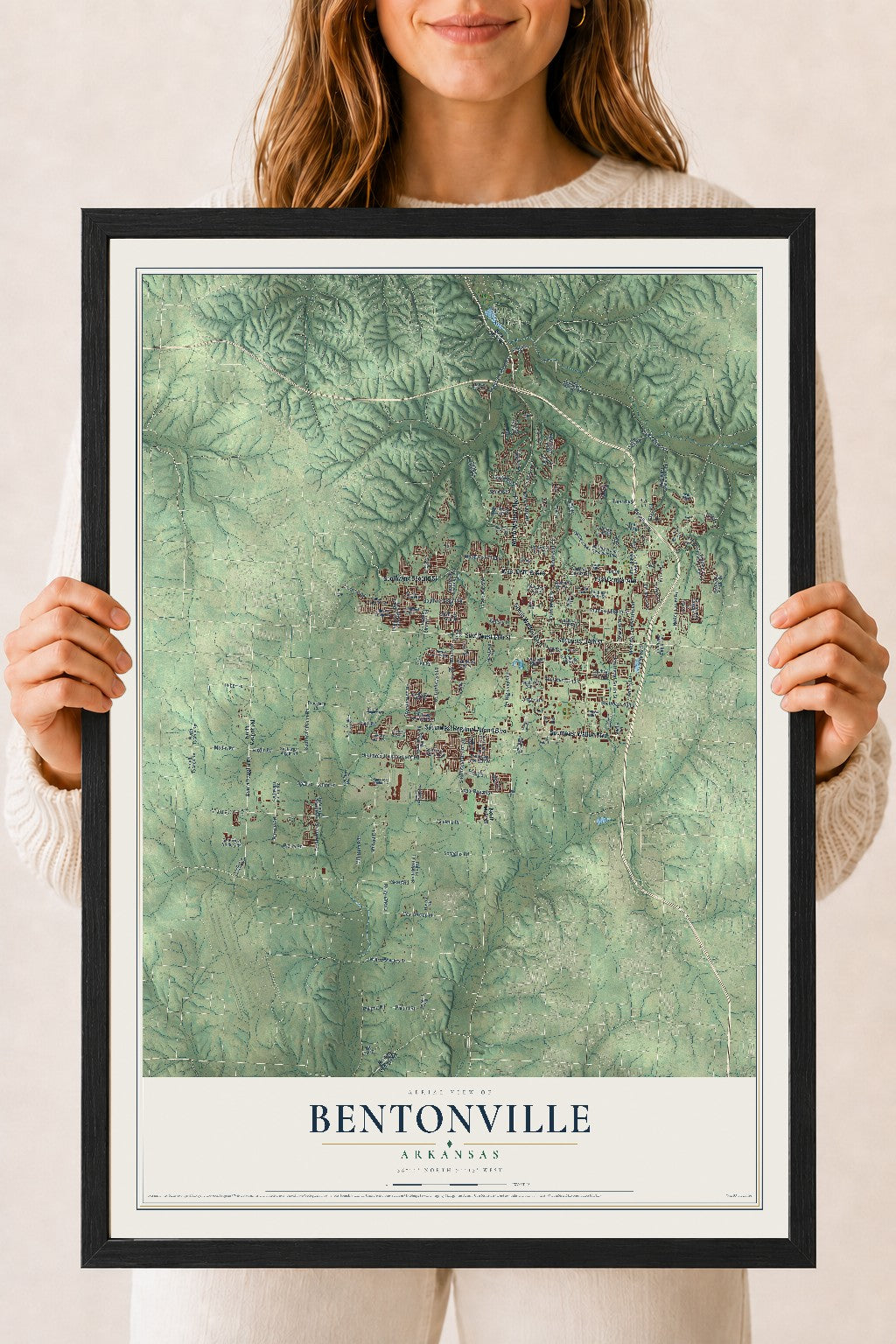 Map of Bentonville, Arkansas, 18 x 24 inch print in a black wood frame