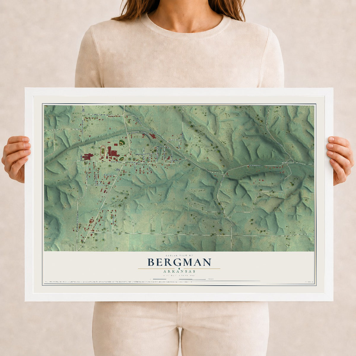 Map of Bergman, Arkansas, 12 x 18 inch print in a white wood frame