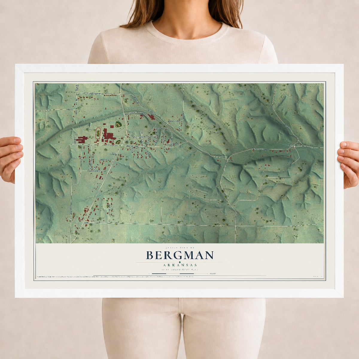 Map of Bergman, Arkansas, 18 x 24 inch print in a white wood frame