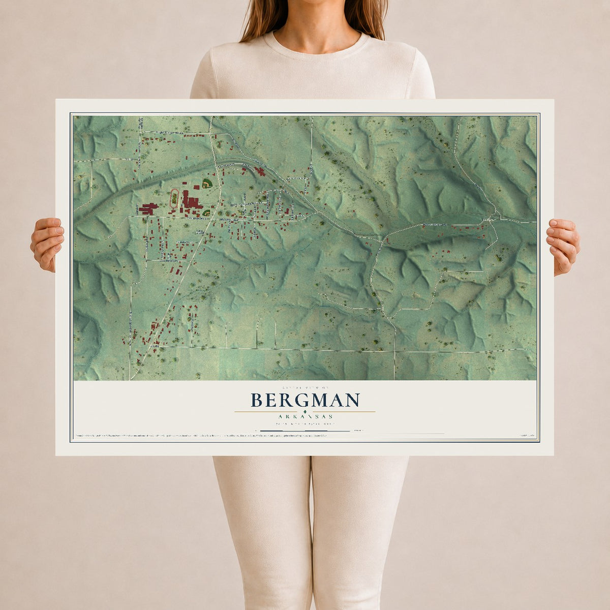 Map of Bergman, Arkansas, 24 x 36 inch unframed archival matte print
