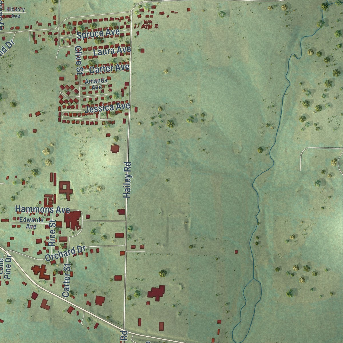 Second close-up of the map of Berryville, Arkansas print showing more streets and buildings