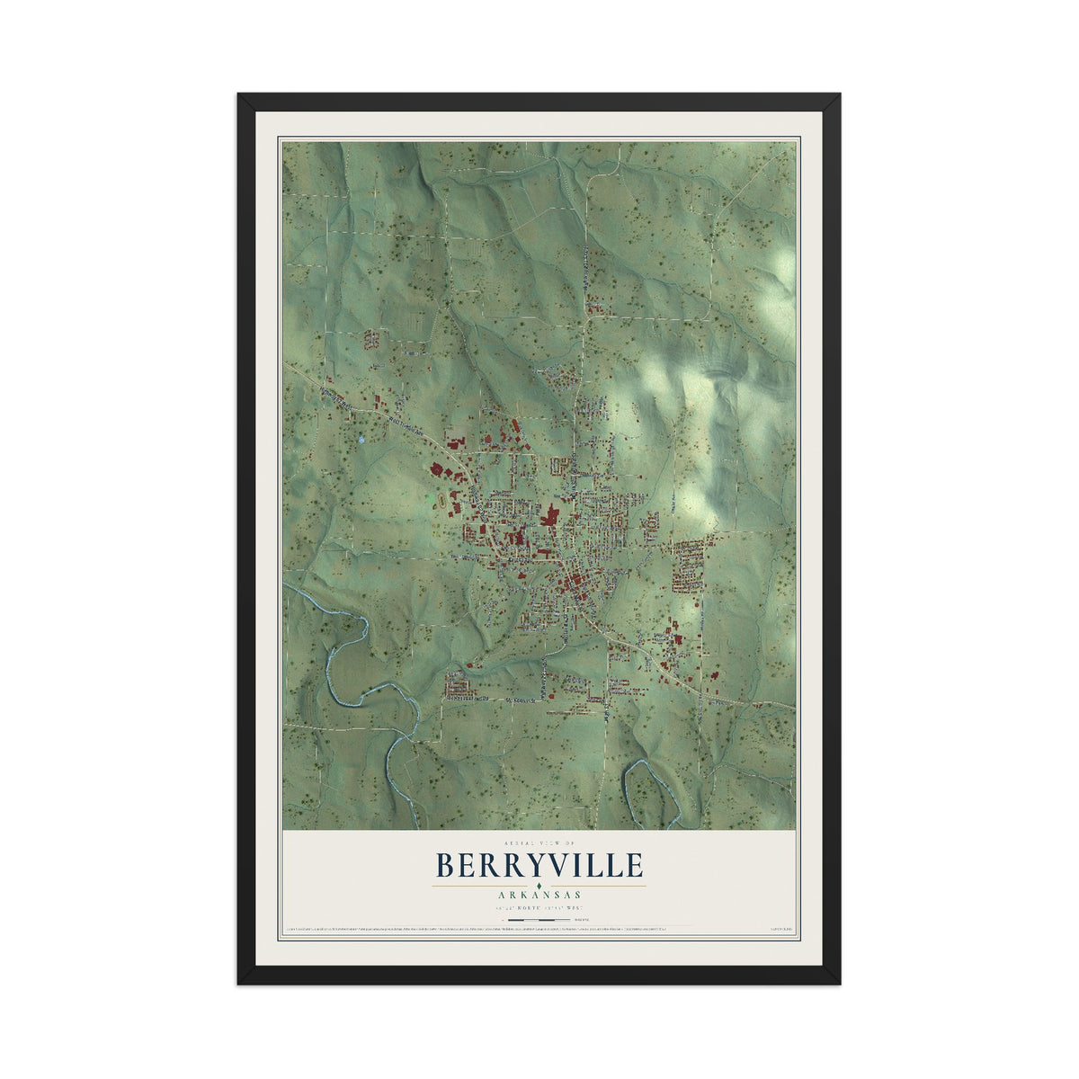 Map of Berryville, Arkansas, 12 x 18 inch print in a black wood frame