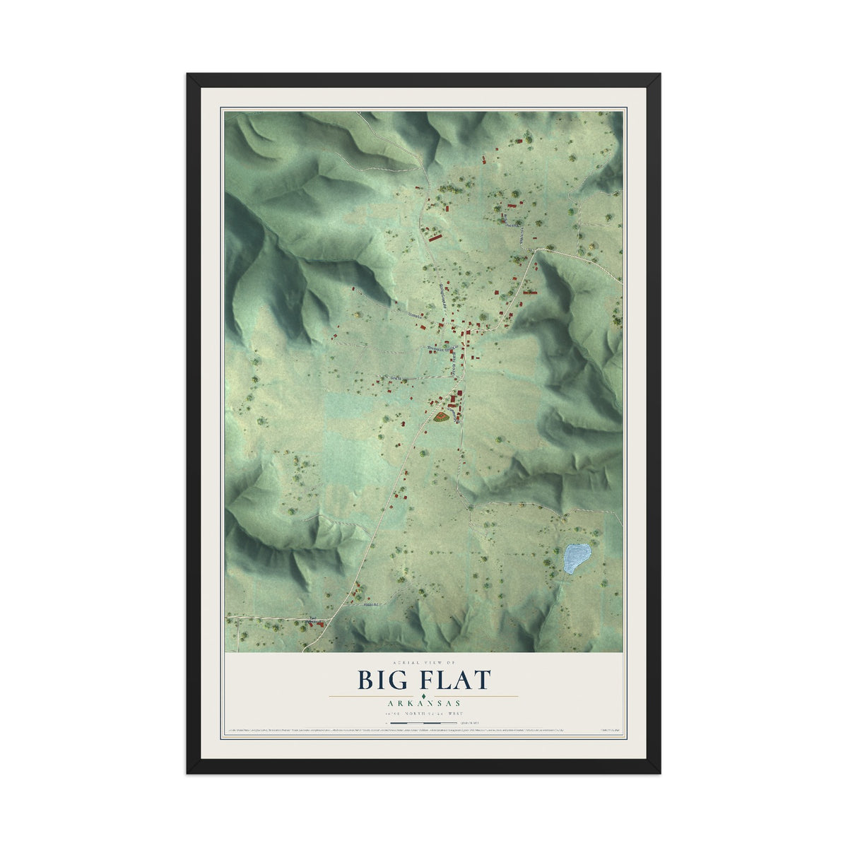 Map of Big Flat, Arkansas, 12 x 18 inch print in a black wood frame