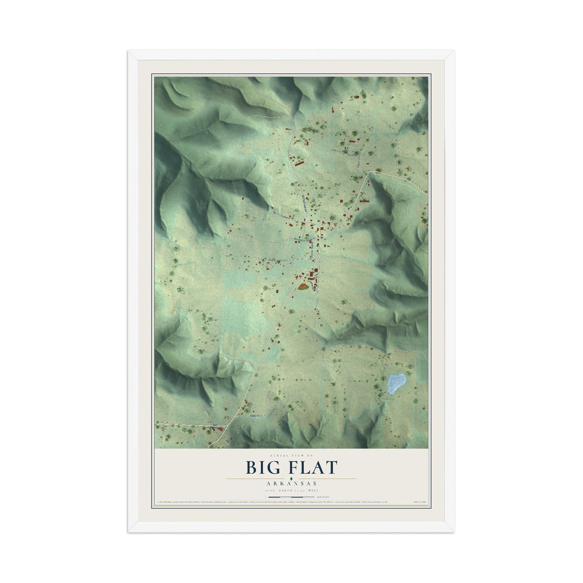 Map of Big Flat, Arkansas, 12 x 18 inch print in a white wood frame