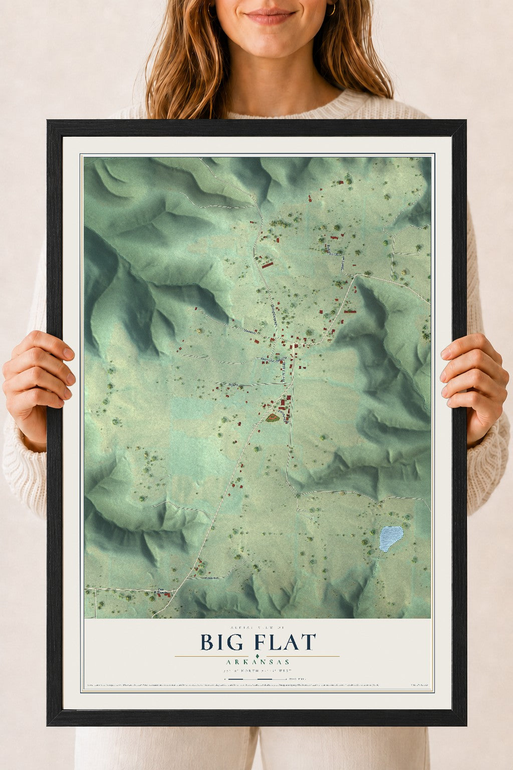 Map of Big Flat, Arkansas, 18 x 24 inch print in a black wood frame