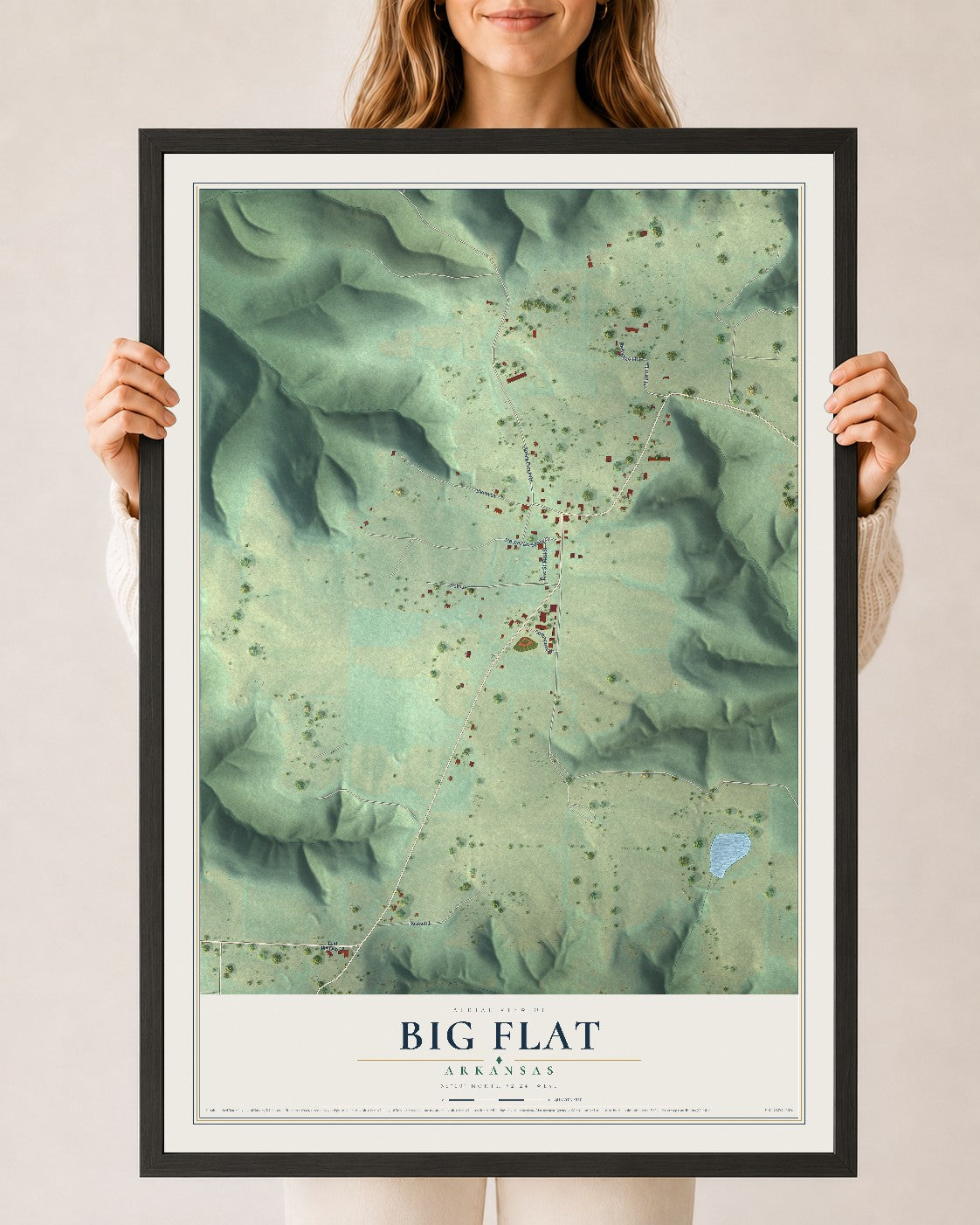 Map of Big Flat, Arkansas, 24 x 36 inch print in a black wood frame
