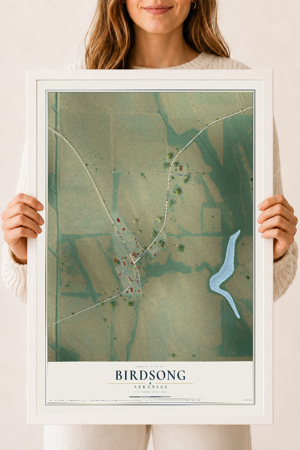 Map of Birdsong, Arkansas, 18 x 24 inch print in a white wood frame