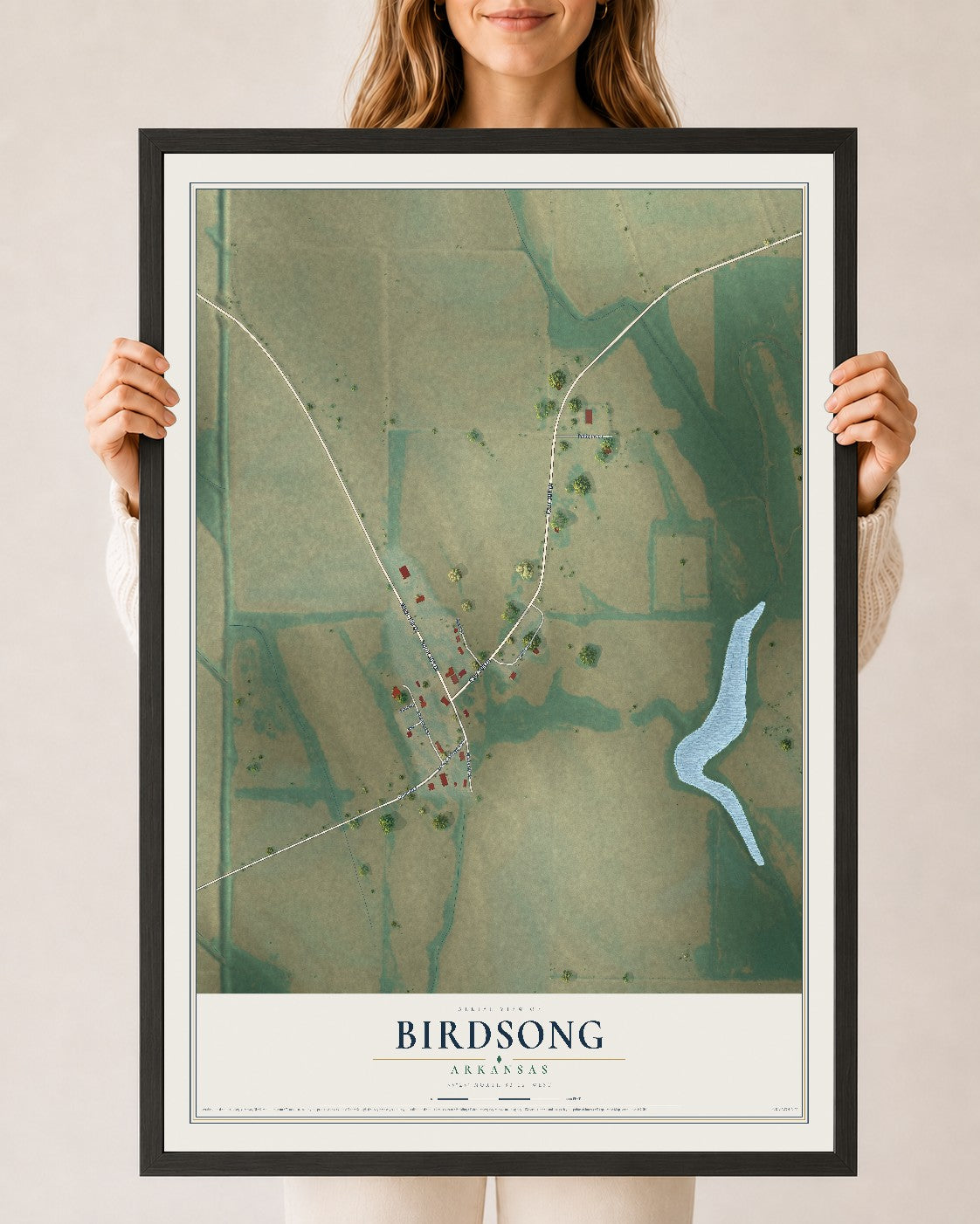 Map of Birdsong, Arkansas, 24 x 36 inch print in a black wood frame