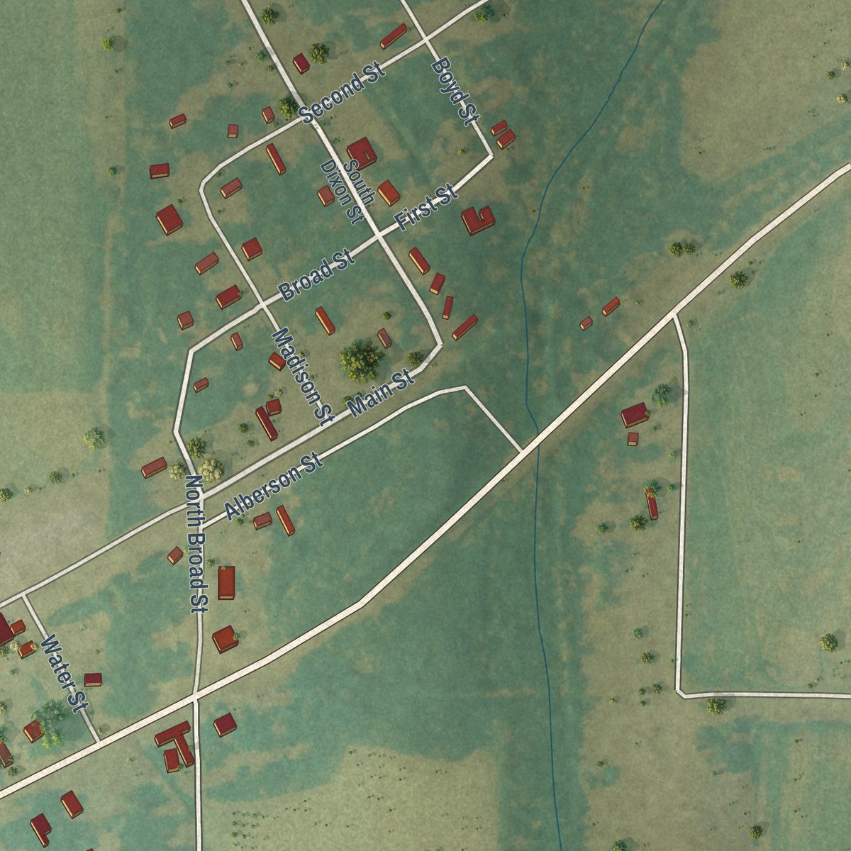 Close-up of the map of Biscoe, Arkansas print showing street and building detail