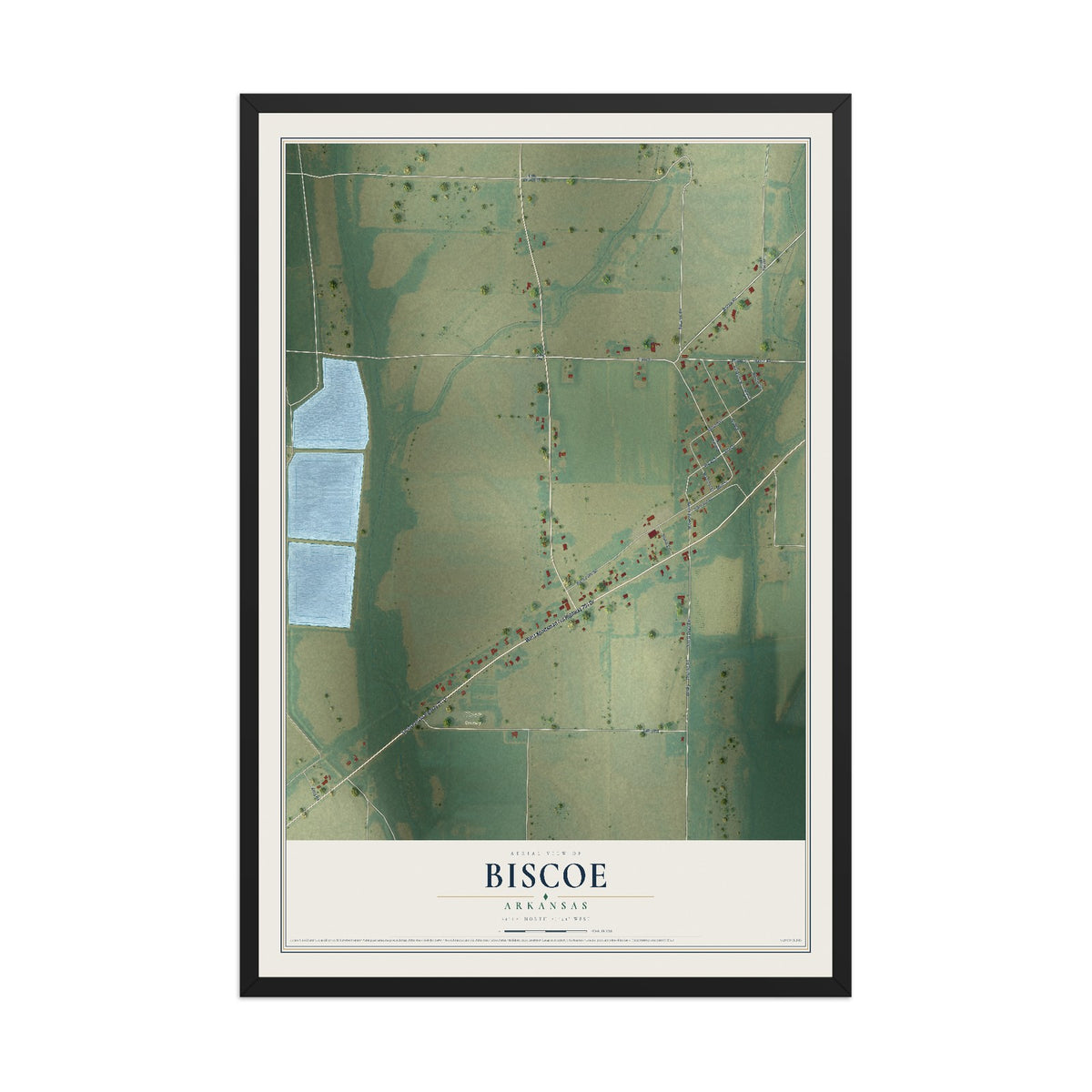 Map of Biscoe, Arkansas, 12 x 18 inch print in a black wood frame