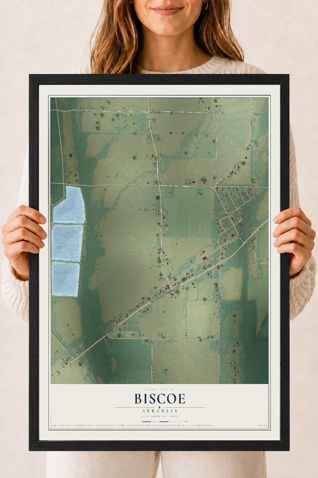 Map of Biscoe, Arkansas, 18 x 24 inch print in a black wood frame
