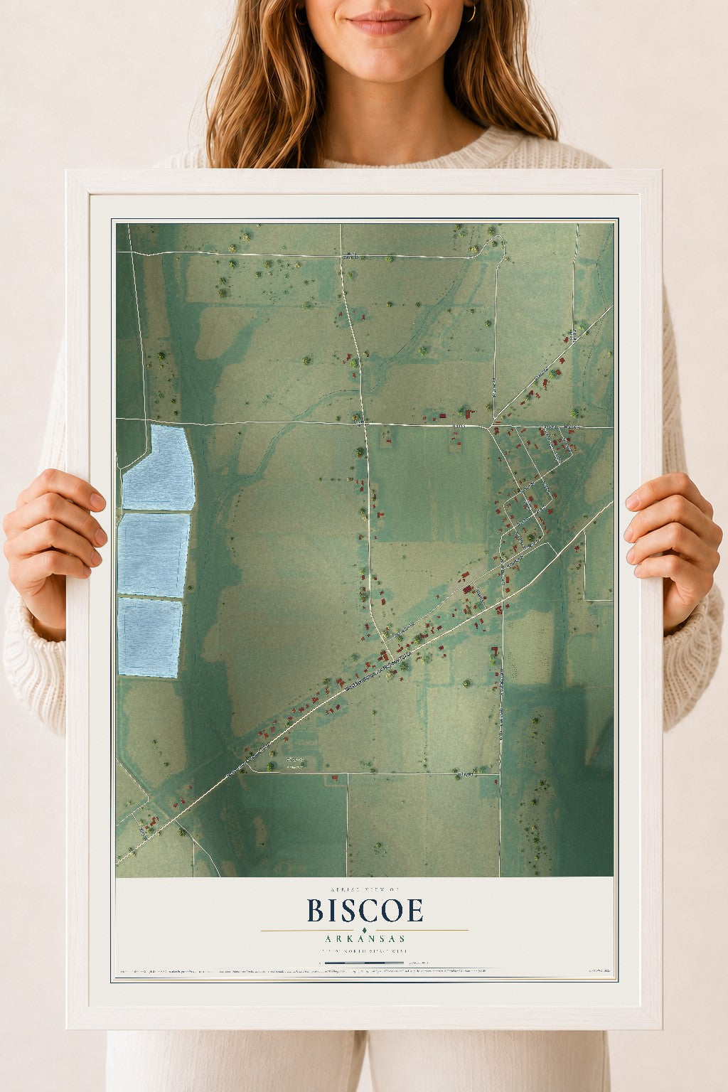 Map of Biscoe, Arkansas, 18 x 24 inch print in a white wood frame