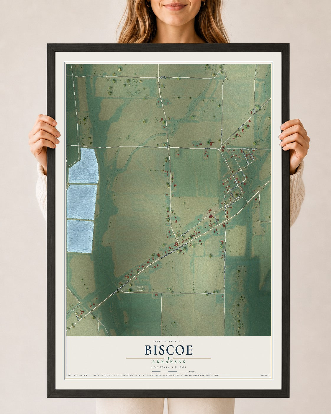 Map of Biscoe, Arkansas, 24 x 36 inch print in a black wood frame