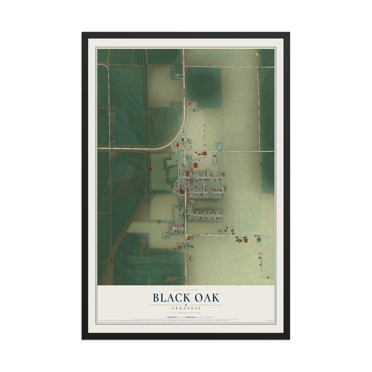 Map of Black Oak, Arkansas, 12 x 18 inch print in a black wood frame