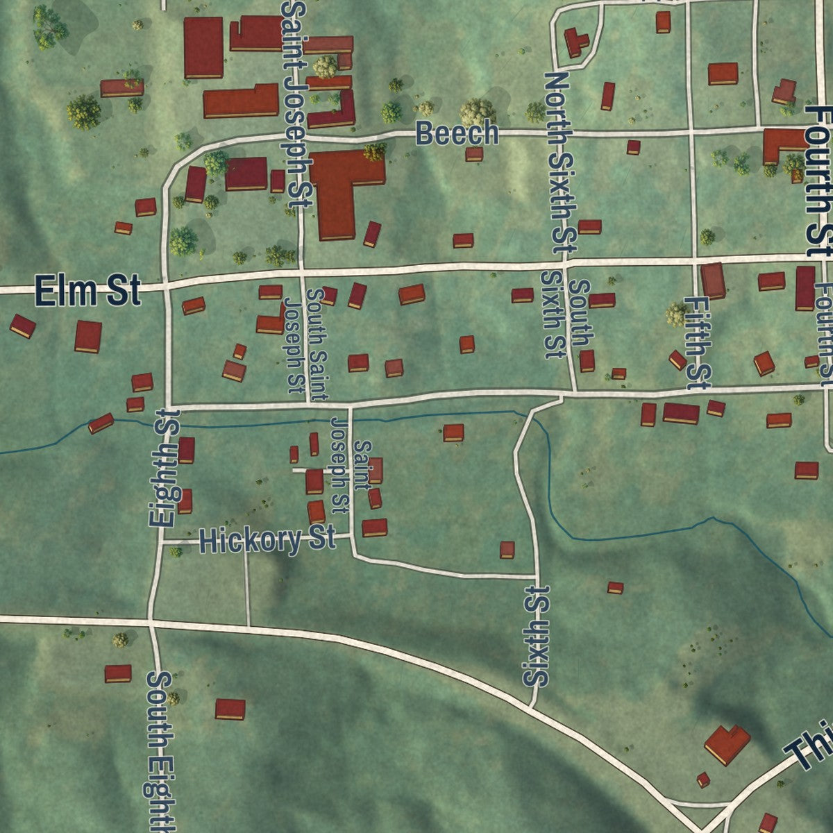 Close-up of the map of Black Rock, Arkansas print showing street and building detail