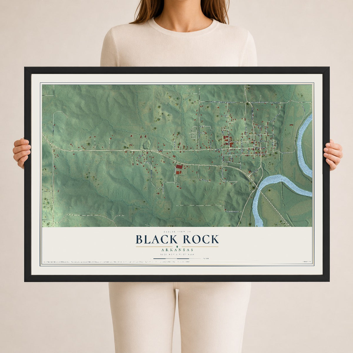 Map of Black Rock, Arkansas, 24 x 36 inch print in a black wood frame