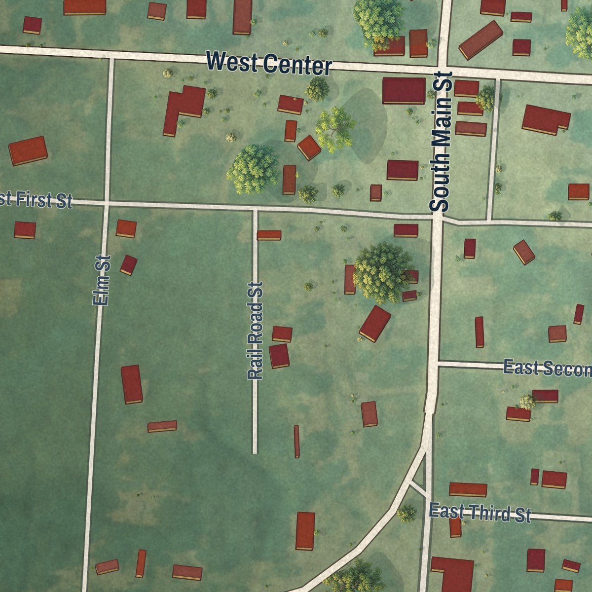Close-up of the map of Blevins, Arkansas print showing street and building detail