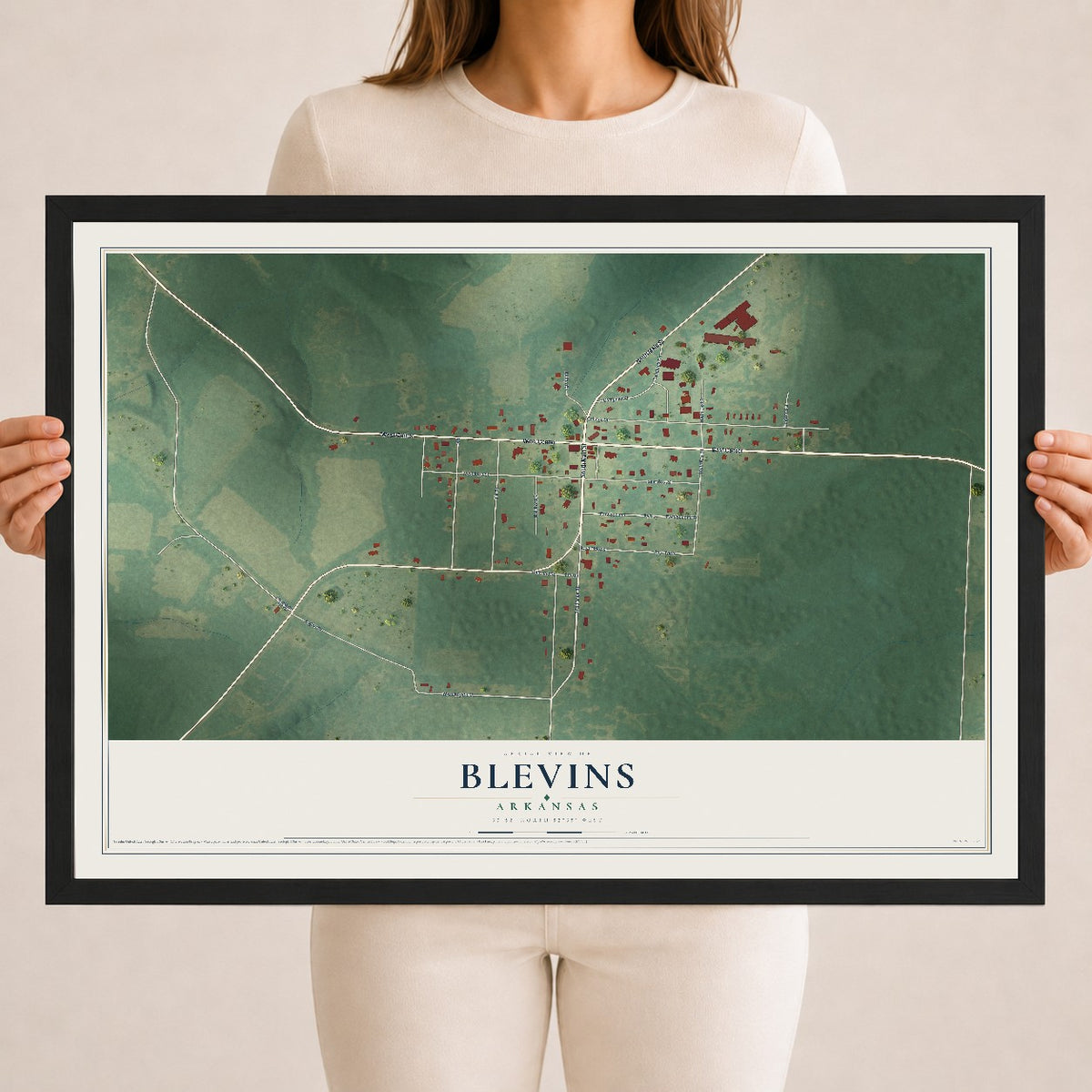 Map of Blevins, Arkansas, 18 x 24 inch print in a black wood frame