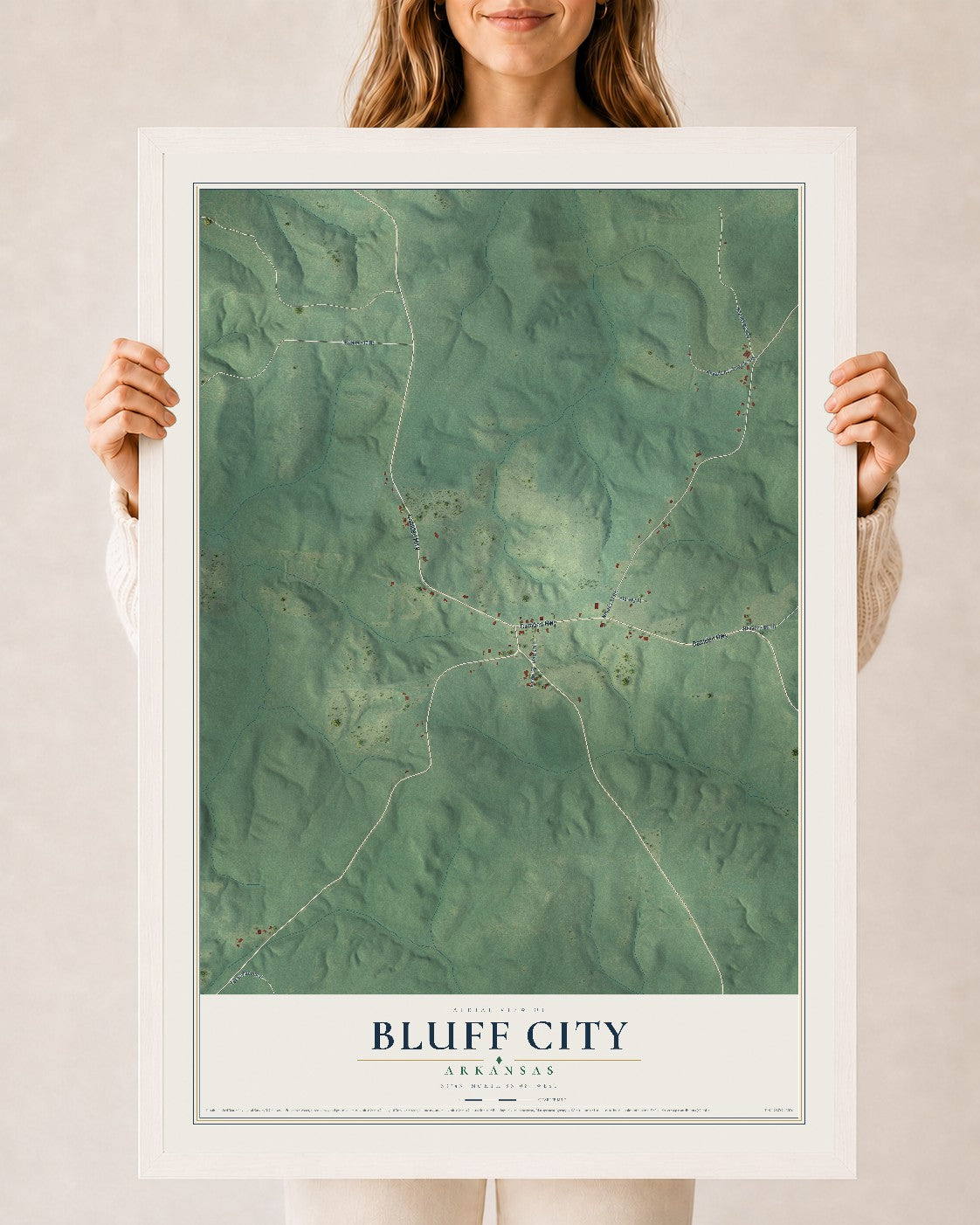 Map of Bluff City, Arkansas, 24 x 36 inch print in a white wood frame