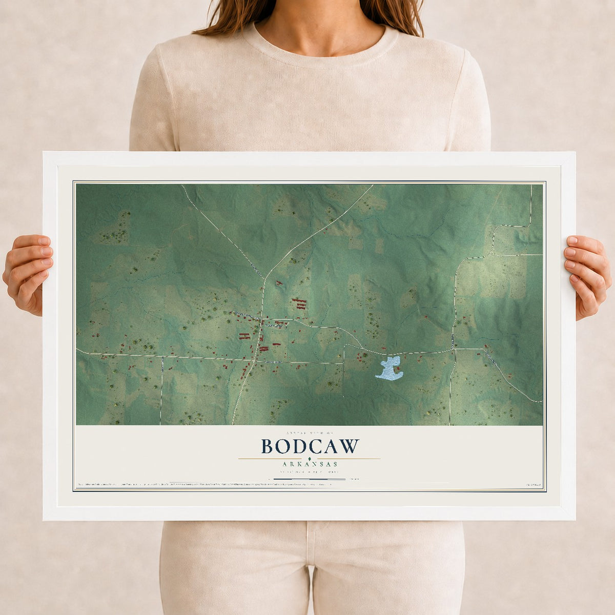 Map of Bodcaw, Arkansas, 12 x 18 inch print in a white wood frame