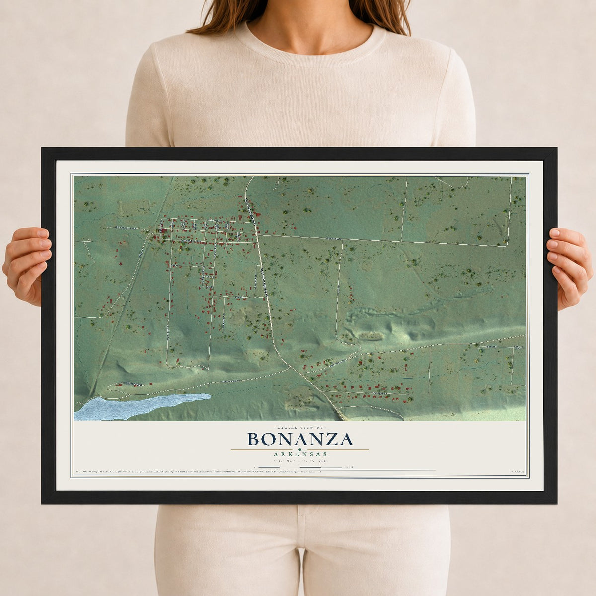 Map of Bonanza, Arkansas, 12 x 18 inch print in a black wood frame