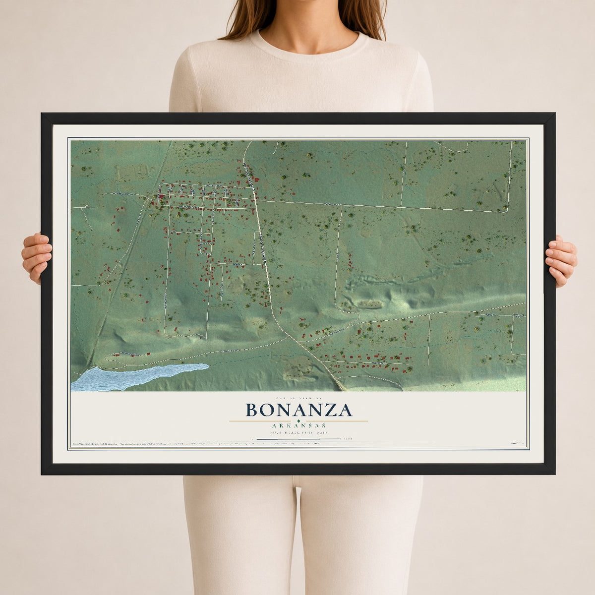 Map of Bonanza, Arkansas, 24 x 36 inch print in a black wood frame