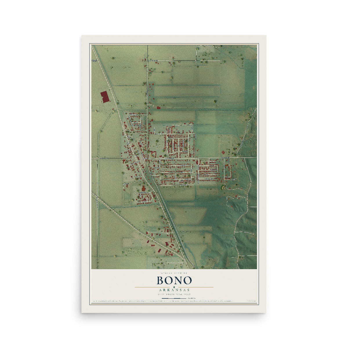 Map of Bono, Arkansas, 12 x 18 inch unframed archival matte print