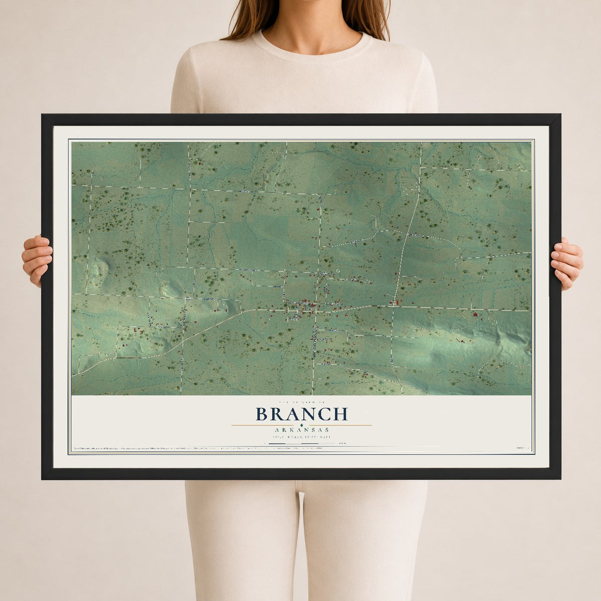 Map of Branch, Arkansas, 24 x 36 inch print in a black wood frame