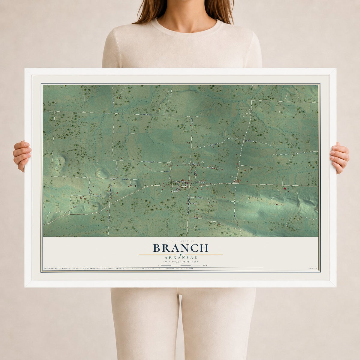 Map of Branch, Arkansas, 24 x 36 inch print in a white wood frame