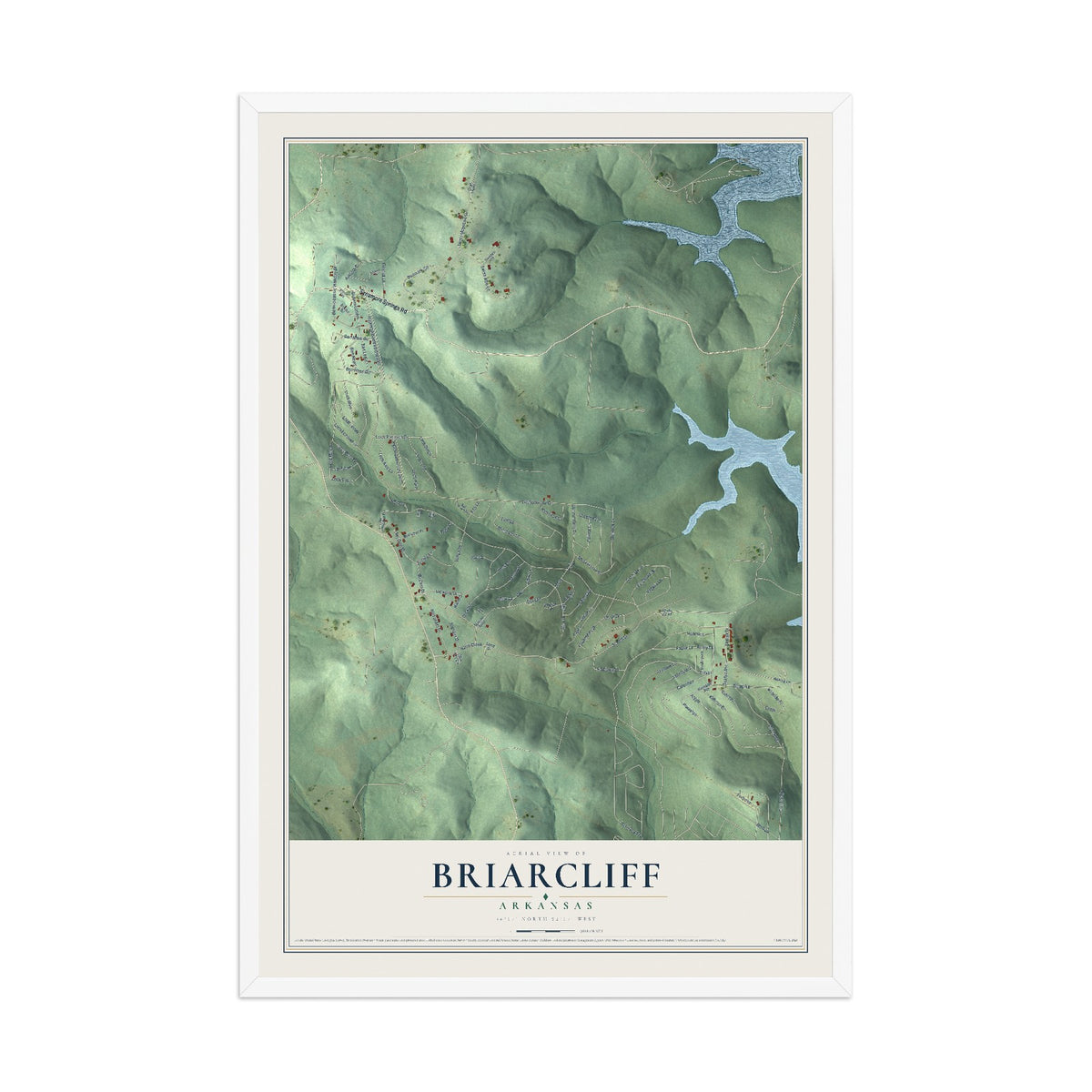 Map of Briarcliff, Arkansas, 12 x 18 inch print in a white wood frame