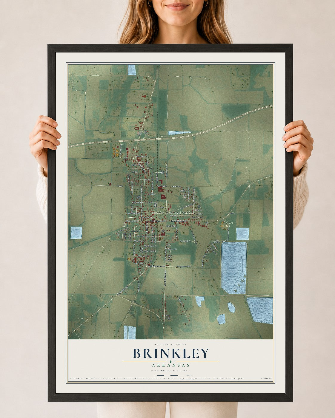 Map of Brinkley, Arkansas, 24 x 36 inch print in a black wood frame