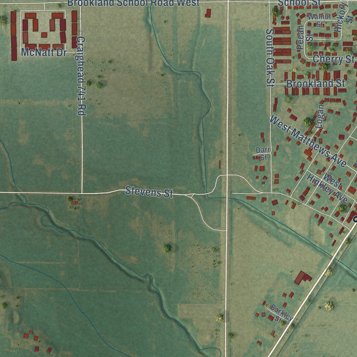 Second close-up of the map of Brookland, Arkansas print showing more streets and buildings