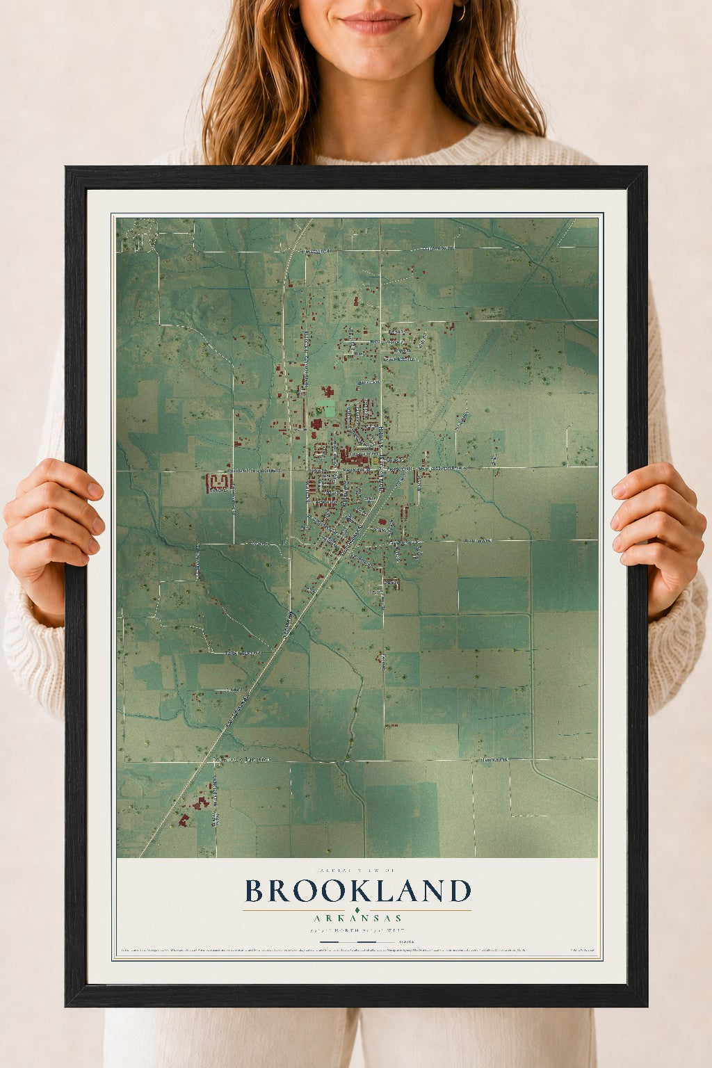 Map of Brookland, Arkansas, 18 x 24 inch print in a black wood frame