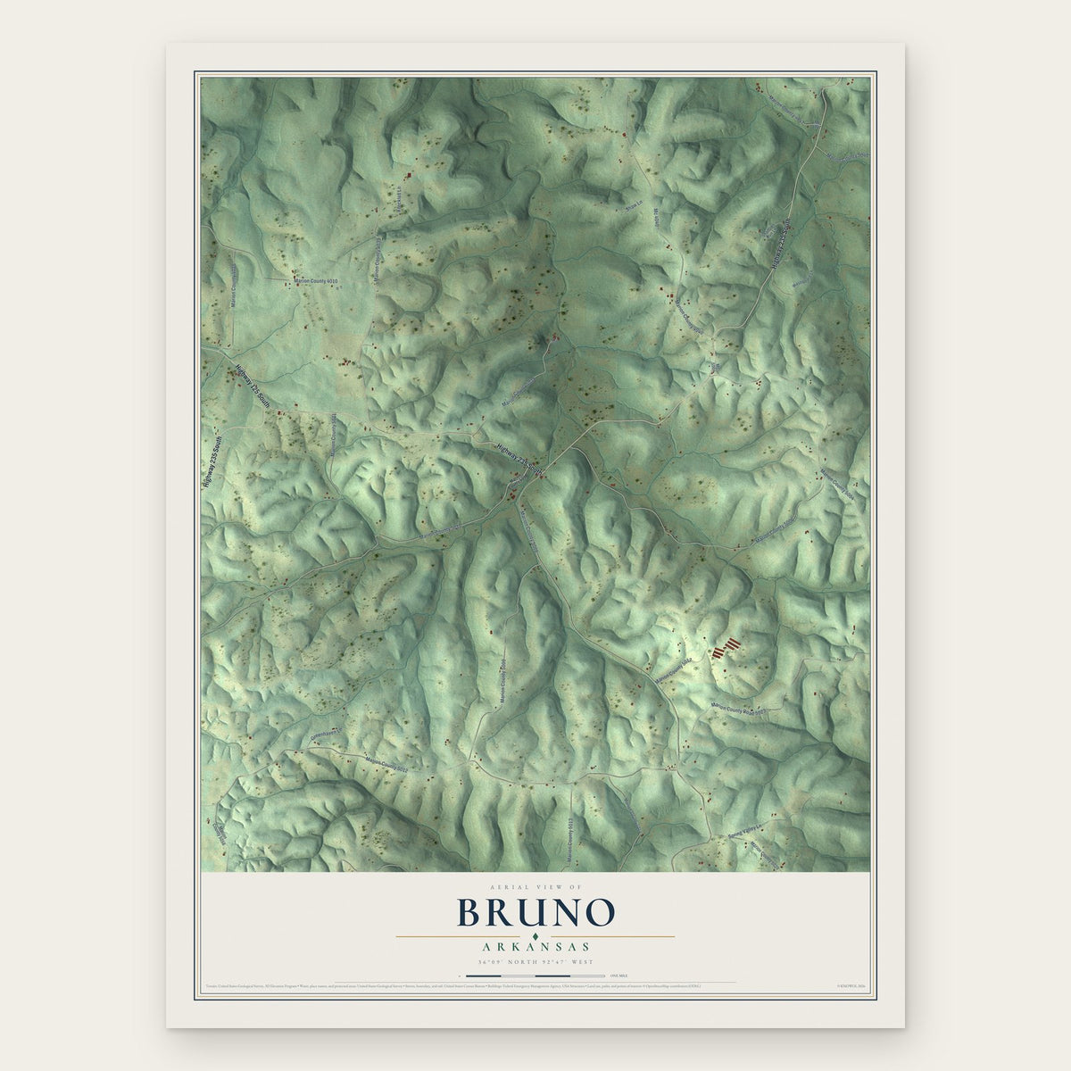 Bruno, Arkansas map print, the full design