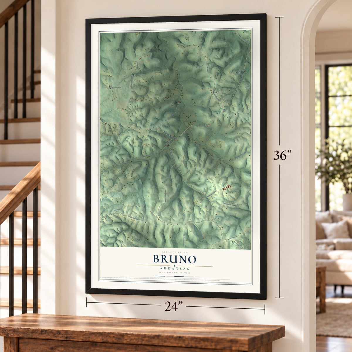 Bruno, Arkansas map, 24 x 36 inch print in a black frame by a staircase